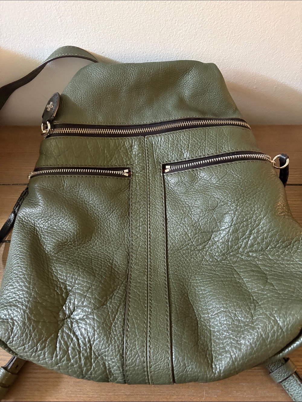 orYANY Olive Green Leather Backpack with Dual Front Zippers